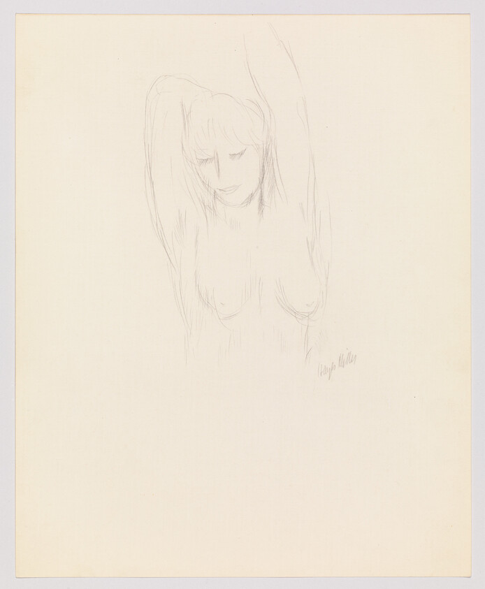 Pencil sketch of a nude woman with arms raised and head tilted downward, eyes closed.