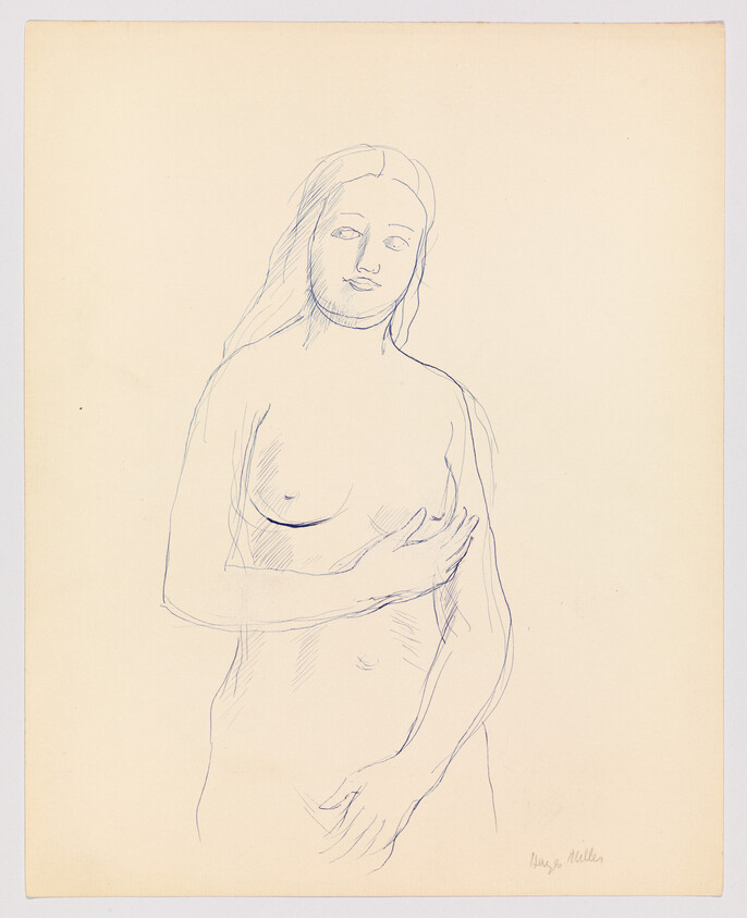 A standing nude woman with long hair gently holding her left breast and lower abdomen.