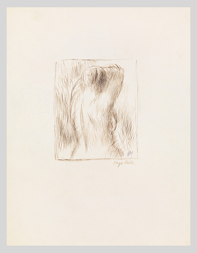 Sketch of a nude figure viewed from the back with loose, crosshatched pencil lines.