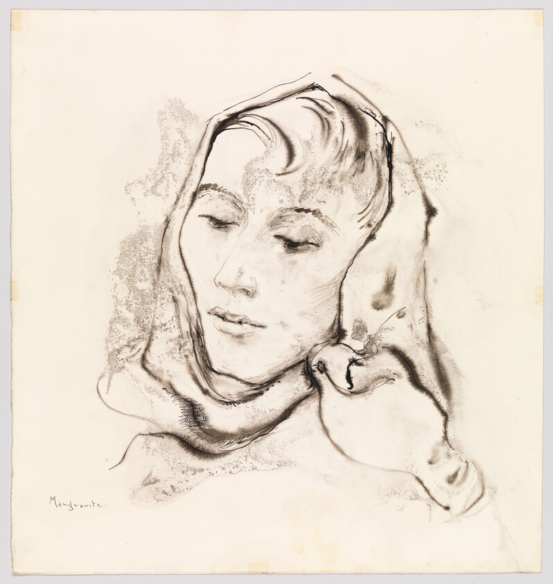 A woman wearing a headscarf looks down with her eyes closed and hand touching cheek.