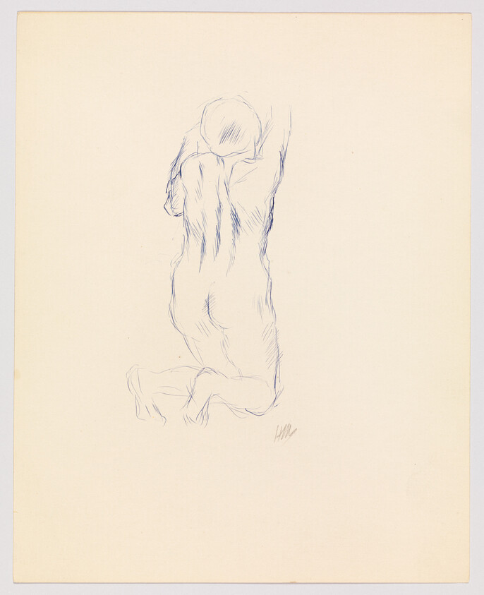 Nude figure kneeling and raising arms, sketched from the back with loose, gestural lines.