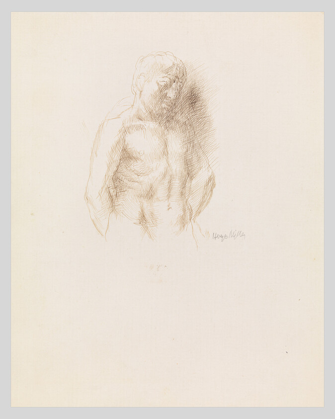 Sketch of a partially shaded male torso and head with hands behind the back.