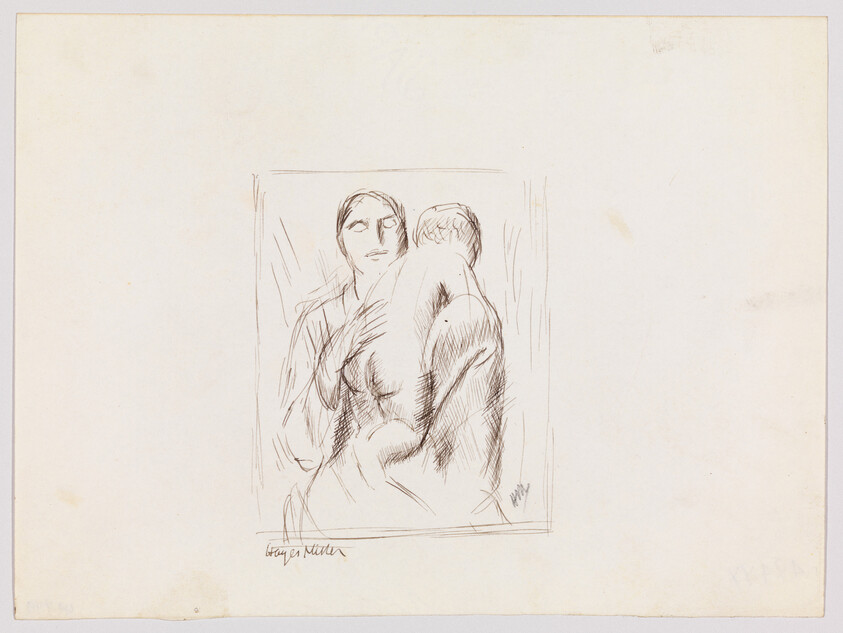 Two figures in a loose sketch, one facing forward while the other turns away and embraces.