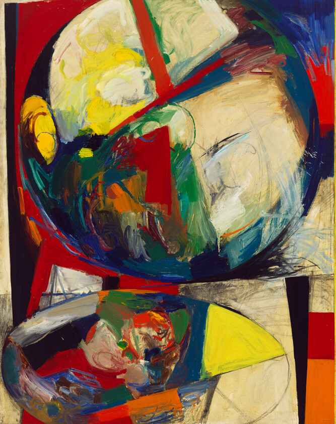 Abstract expressionist painting featuring bold, dynamic strokes of red, blue, green, and yellow, with prominent circular and rectangular shapes intersecting. The composition is energetic and appears spontaneous, with thick layers of paint and visible brushwork adding texture to the canvas.