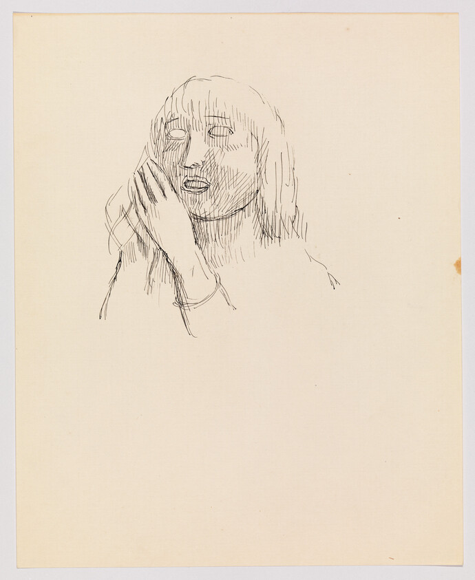 A sketch of a person resting their cheek on their hand with a contemplative or bored expression, drawn in a loose, linear style on a cream-colored paper.