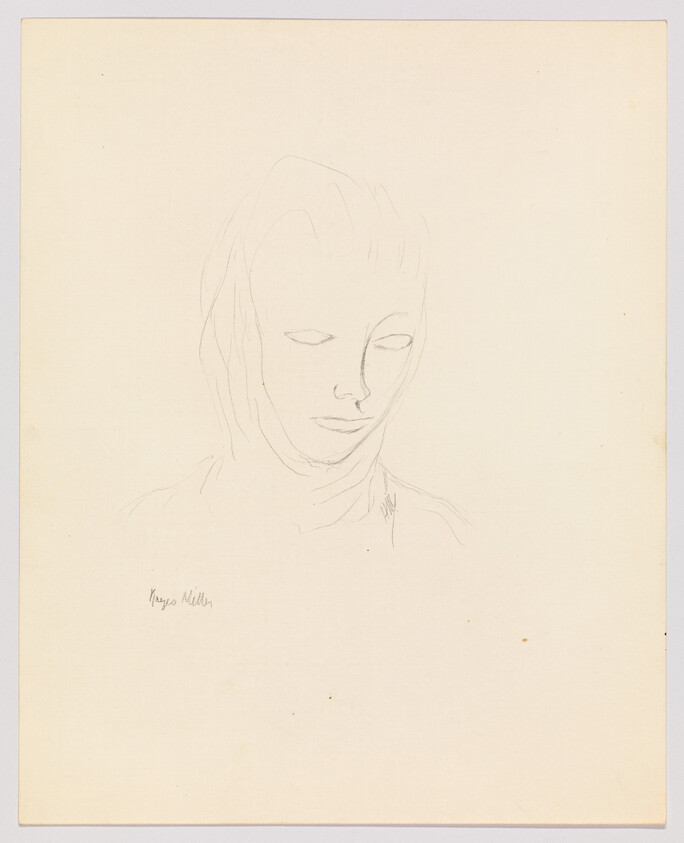 A faint pencil sketch of a woman's head looking downward with minimal facial details.