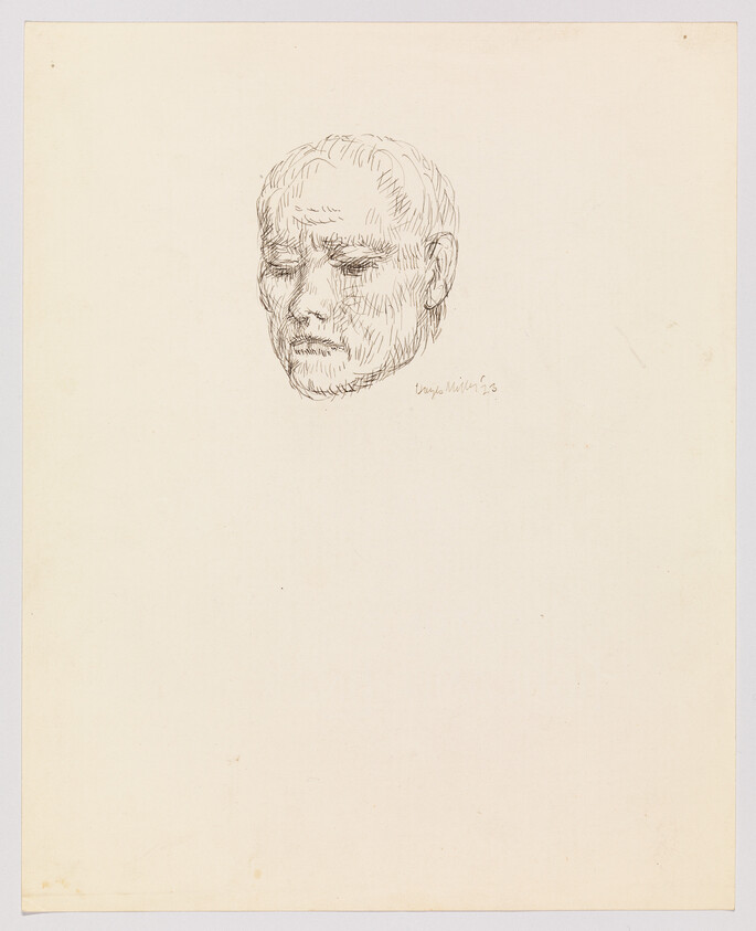 A pen and ink sketch of a man's head in profile view, with detailed lines to define the facial features, on a cream-colored paper. The artist's signature and the year '53 are visible in the lower right corner.