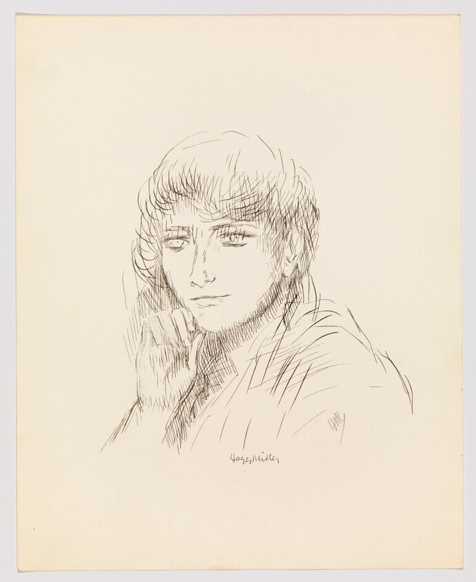 A pen sketch of a young person resting their chin on their hand, looking thoughtful.