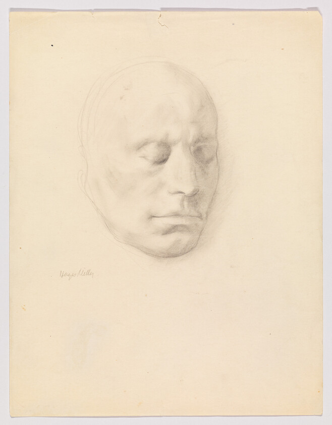 Pencil sketch of a human head in profile view on aged paper, with the artist's signature at the bottom right corner.