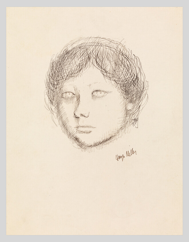 Sketch of a person's head with a neutral expression, signed by the artist at the bottom right.