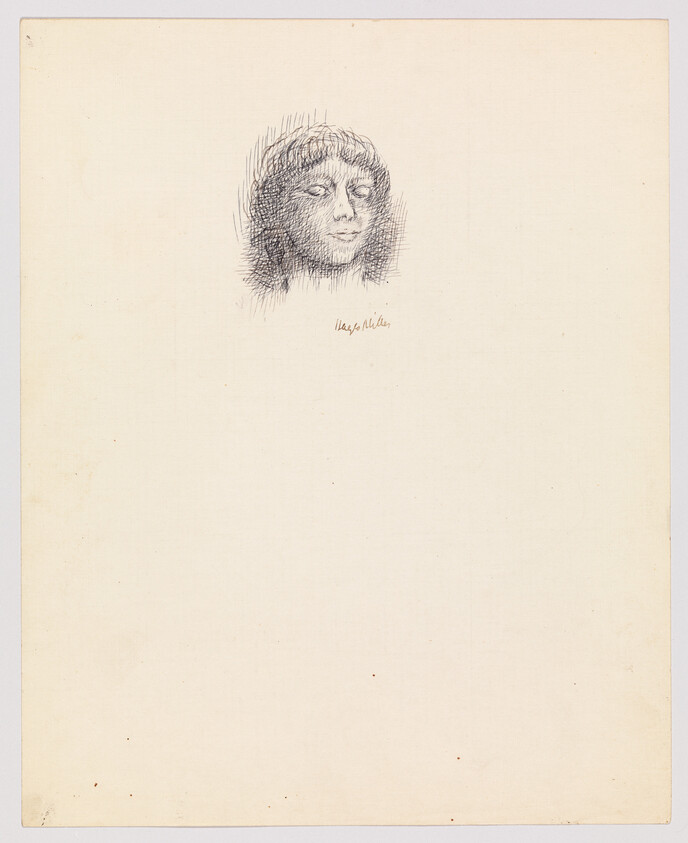 A sketch of a human face with a neutral expression, centered on an off-white paper with the artist's signature at the bottom right. The drawing is done with fine lines, suggesting a quick or preliminary study.