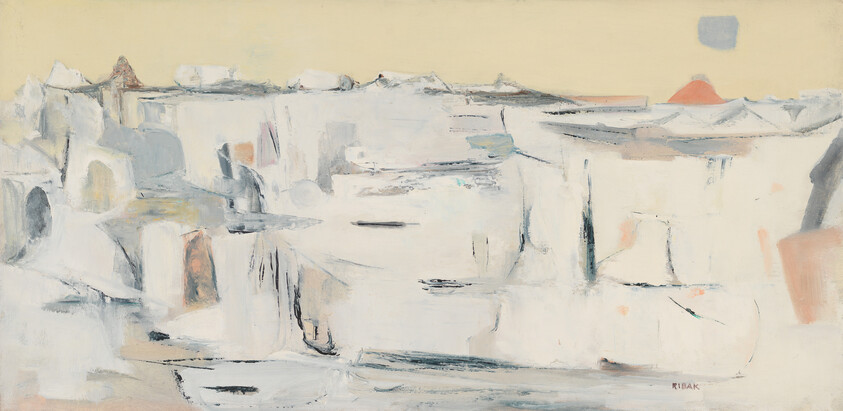 Expansive pale abstract landscape with white cliffs and a small orange sun on the horizon.