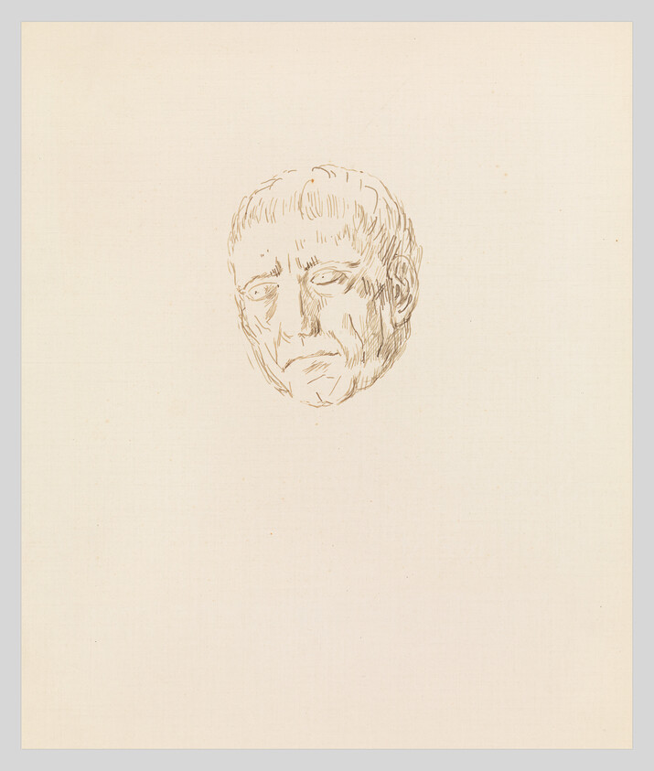 A small pencil sketch of an older man's solemn head floating near the top of the page.