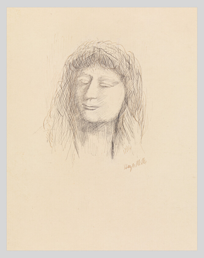 Pencil sketch of a woman's head with closed eyes and long loose hair.