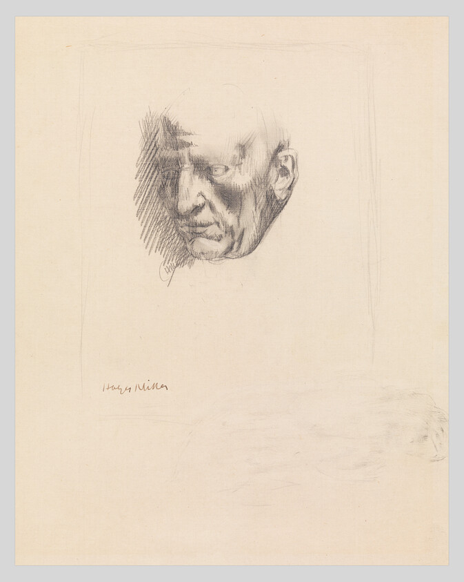 Detailed pencil sketch of an elderly man's head with strong shadowing on the left.