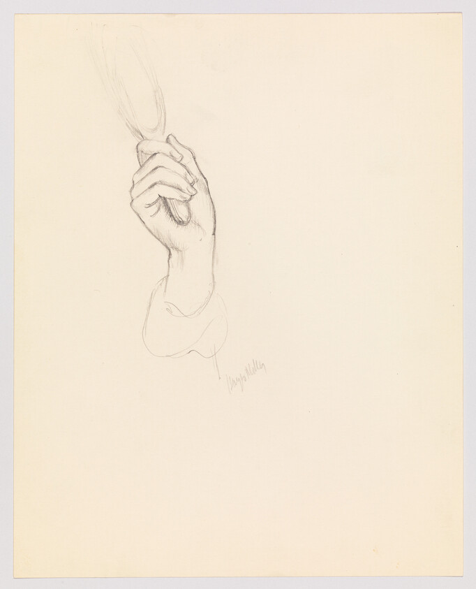 A sketch of a raised hand gripping a slender stick or brush with bent fingers.