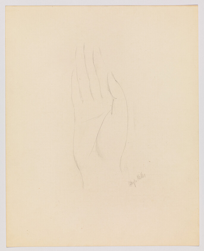 A faint pencil sketch of an upright hand with fingers together and the palm visible.