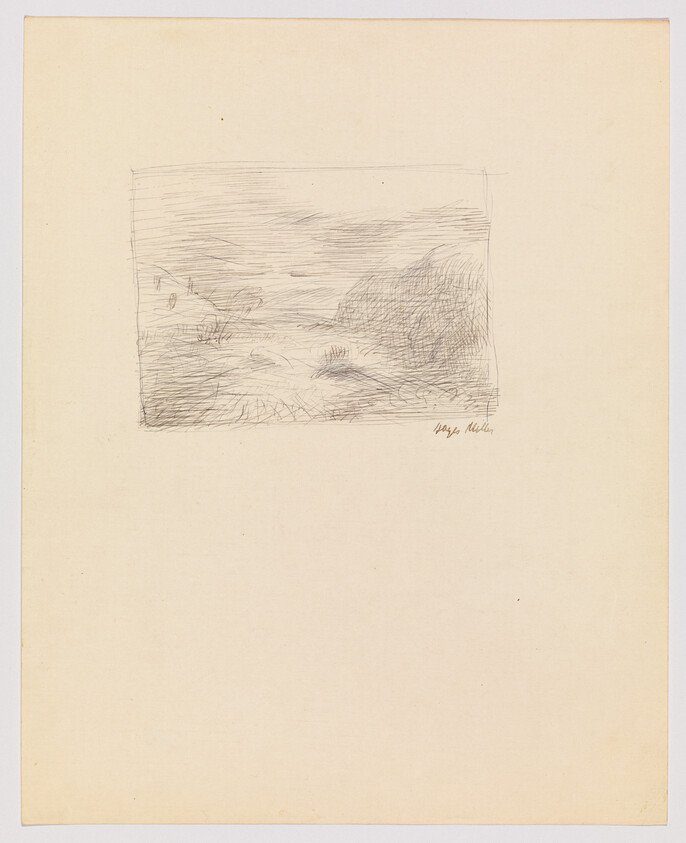 Small pencil sketch of a windswept coastal scene with dunes, grasses, and a distant house.