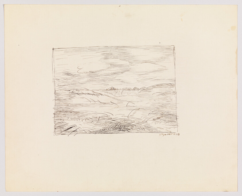 A sketch of a landscape on a square piece of paper, featuring a horizon line with what appears to be a body of water and vegetation. The drawing is done with loose, expressive lines, and there is a signature at the bottom right corner. The paper has a few small spots and is bordered by a larger, blank page.