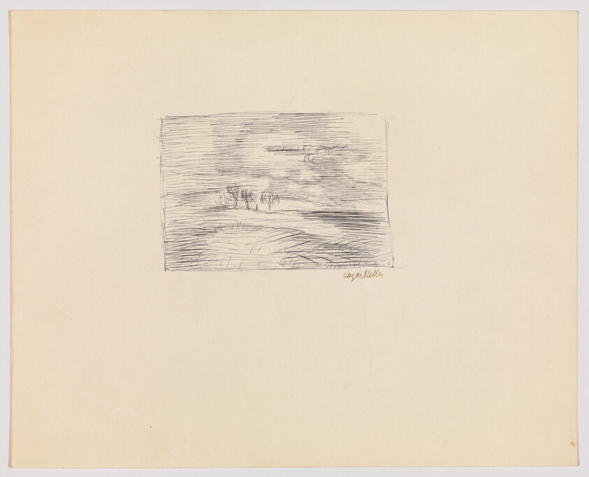 A sketch on a beige paper featuring a rough seascape with waves and a small boat with figures, signed by the artist on the bottom right.