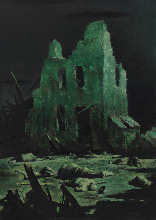 A crumbling green building stands amid a dark battlefield strewn with fallen bodies and debris.
