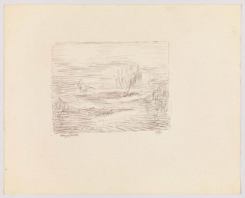 A sketch on off-white paper featuring a simple landscape scene with a body of water and a single tree or bush prominently in the center. The strokes are loose and expressive, suggesting movement in the water and wind through the grass. The artist's signature is visible in the bottom left corner.