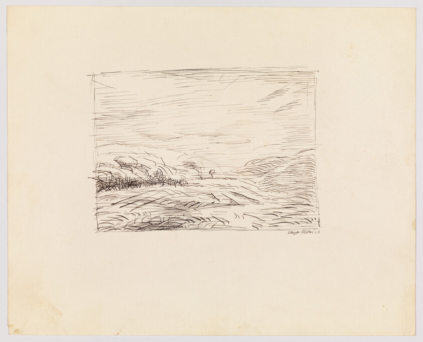 A sketch on paper depicting a simple, rough seascape with waves and a small figure in the distance, possibly on a boat. The drawing is centered on the page with ample blank space around it, and there's a signature with a date in the bottom right corner.
