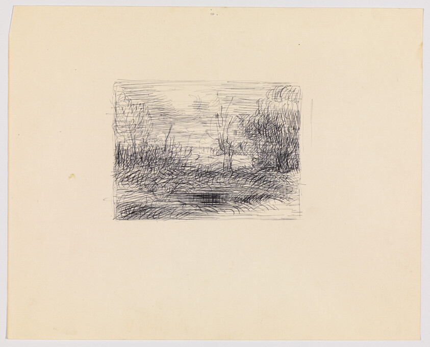A small pen-and-ink sketch shows trees and reeds along a calm stream centered on blank paper.