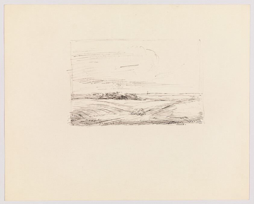 A simple pen sketch of rolling fields with a distant row of trees under a wide sky.