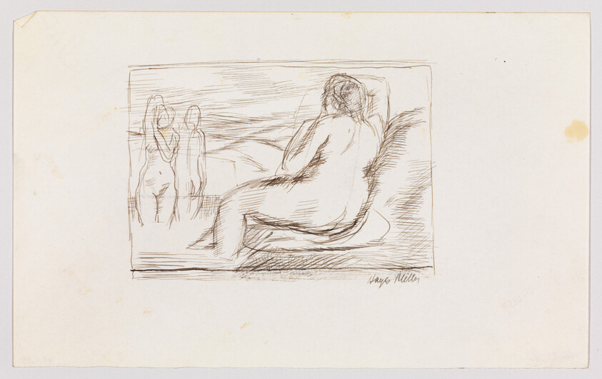 A pencil sketch of a reclining nude woman looking toward two standing nude figures in the distance.