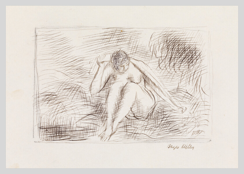 Seated nude figure in a crosshatched pencil sketch leaning forward with hand touching head.