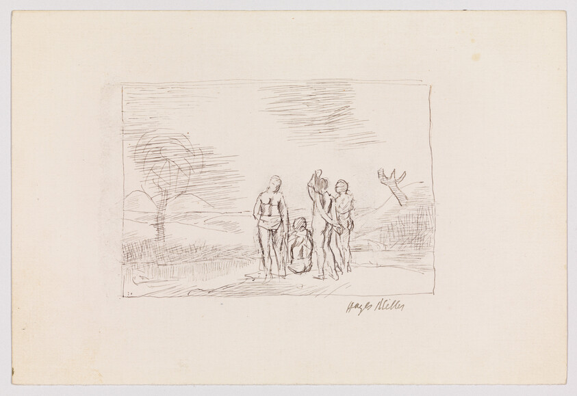 Five nude figures stand and sit in a simple landscape, one figure raising an arm.