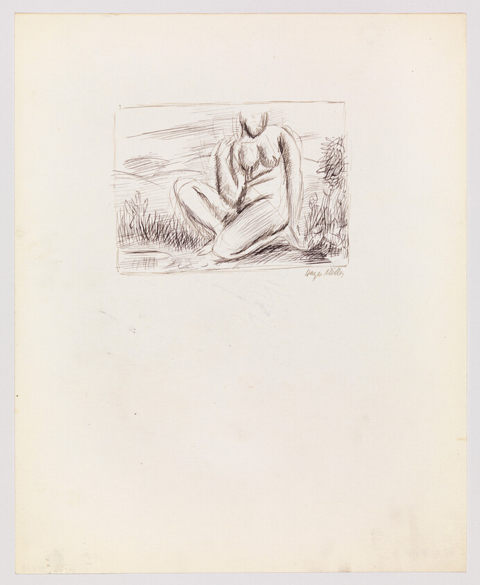 A sketch of a seated nude figure with their head resting on their knees, surrounded by grass and foliage, centered on a blank page with the artist's signature in the bottom right corner.