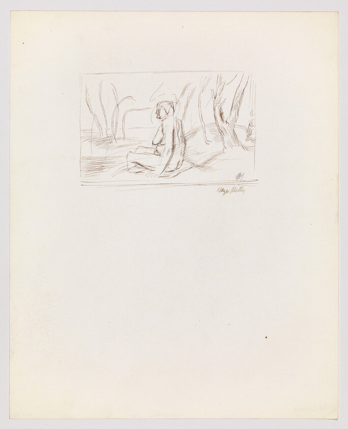 A nude woman sits leaning against a tree in a simple sketched woodland scene.