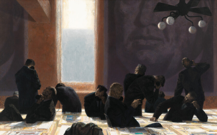 Several suited men sit or stand talking on phones over scattered newspapers in a dim room.