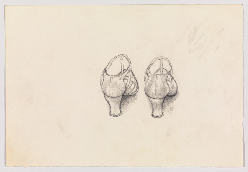 A pencil sketch of a pair of low-heeled women’s shoes seen from the back.