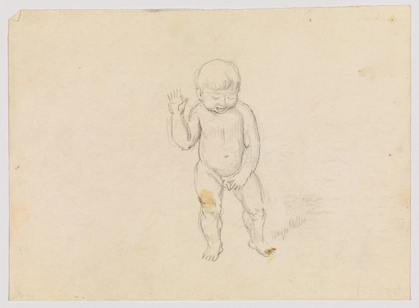 A pencil sketch of a standing toddler waving with one hand and looking down.