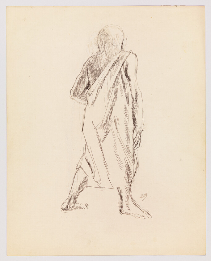 A sketch of a person standing barefoot with a draped cloth seen from the back.