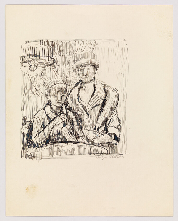 A woman and a child sit together, the woman resting her hand on the child's shoulder under a hanging lamp.