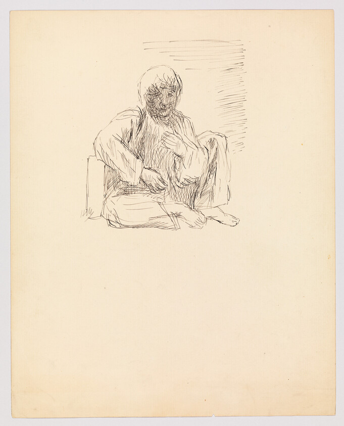 A loose pen sketch of a seated person sitting cross-legged with one hand on their chest.
