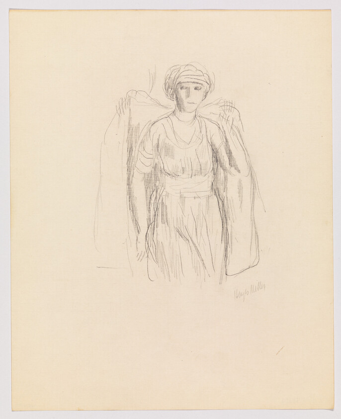 A pencil sketch of a standing woman wearing a headscarf and flowing robe with a cloak.