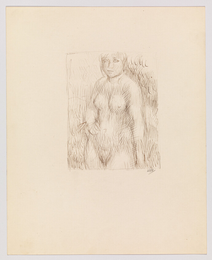 A pencil sketch of a standing nude woman with cross-hatched shading and a neutral expression.