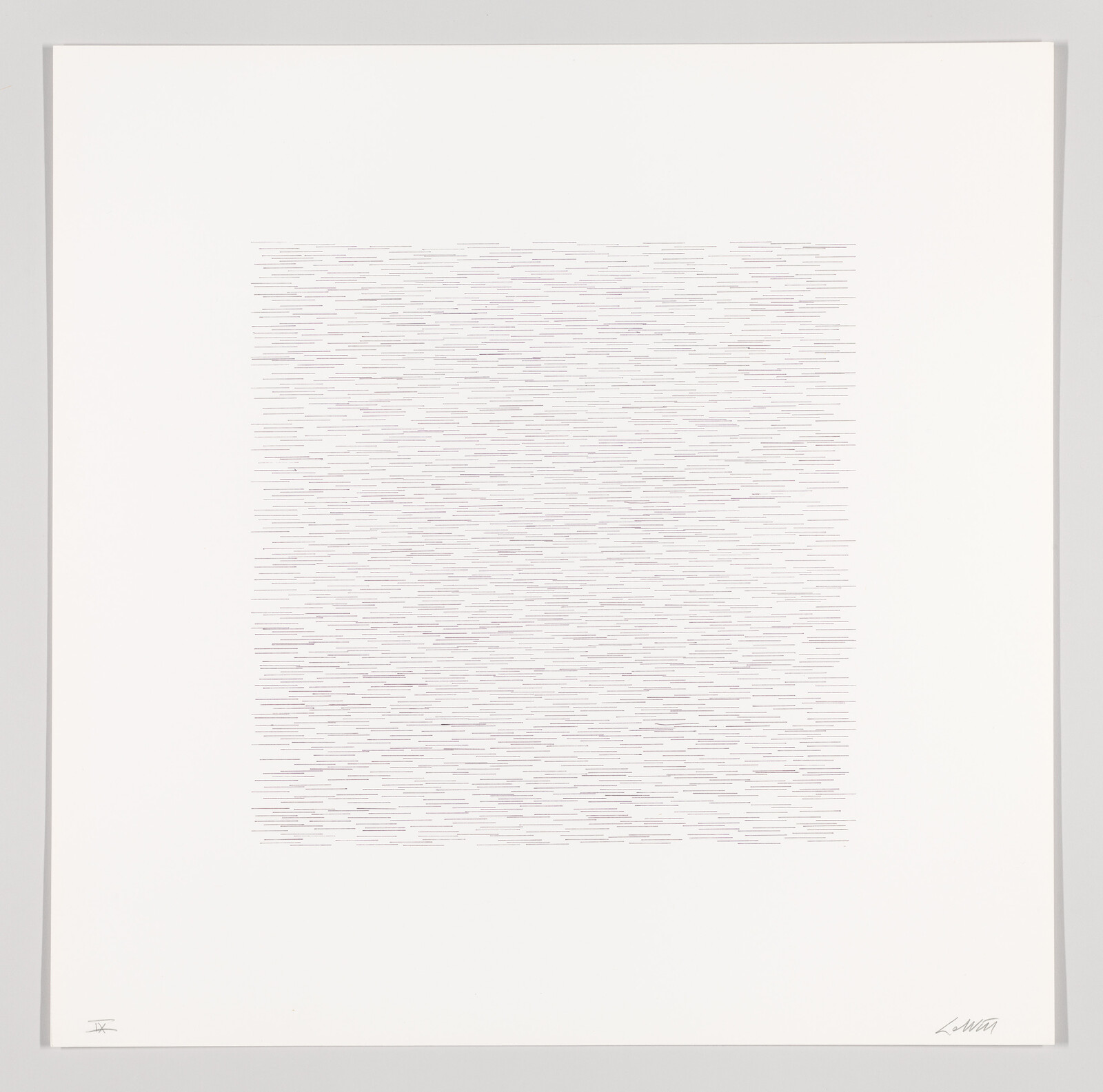 A minimalist artwork featuring numerous horizontal lines in a light color, possibly pencil or a light ink, creating a textured block in the center of a white paper. The lines vary slightly in length and spacing, giving a sense of movement or vibration. There are signatures or inscriptions at the bottom left and right corners of the piece.
