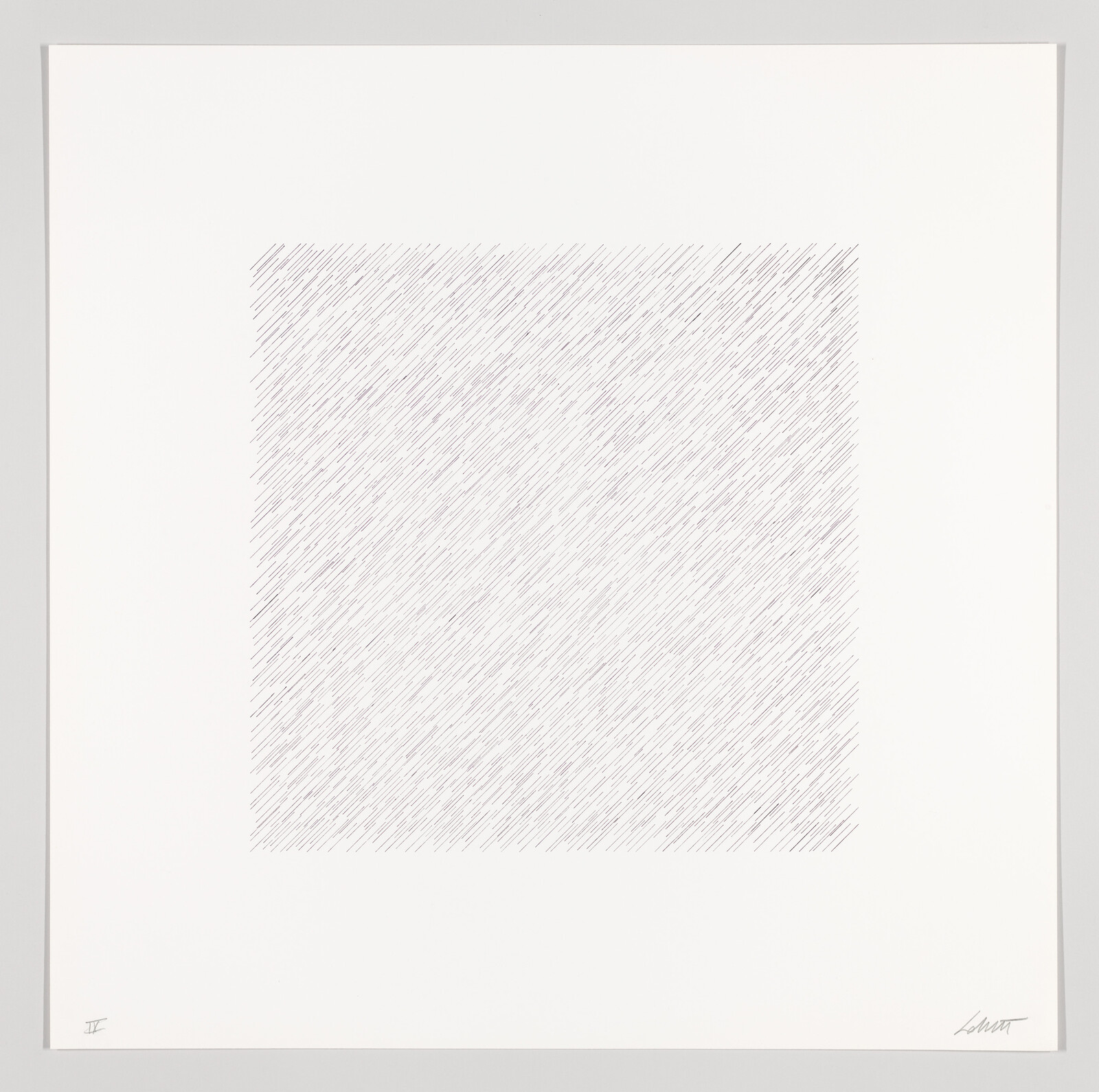 A framed artwork featuring a dense pattern of fine diagonal lines creating a square shape on a white background, with the artist's signature in the lower right corner.
