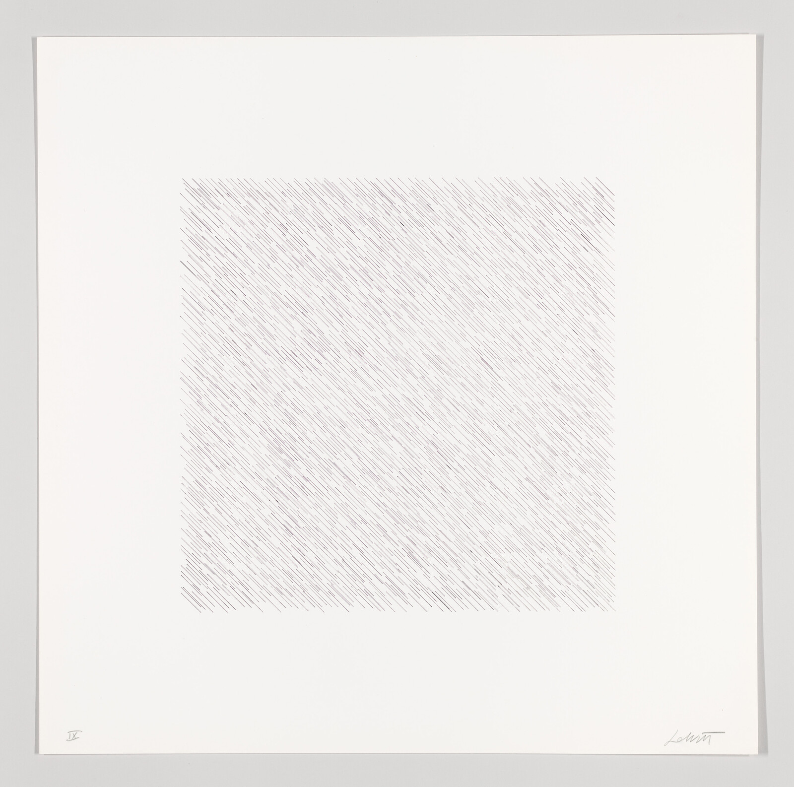 A framed artwork featuring a square filled with dense, diagonal lines creating a textured effect, signed by the artist in the lower right corner.