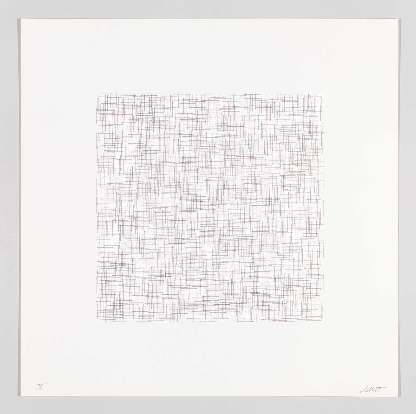 A framed artwork featuring a dense grid of fine black lines on a white background, creating a textured square in the center of the paper. The artist's signature is visible in the lower right corner.
