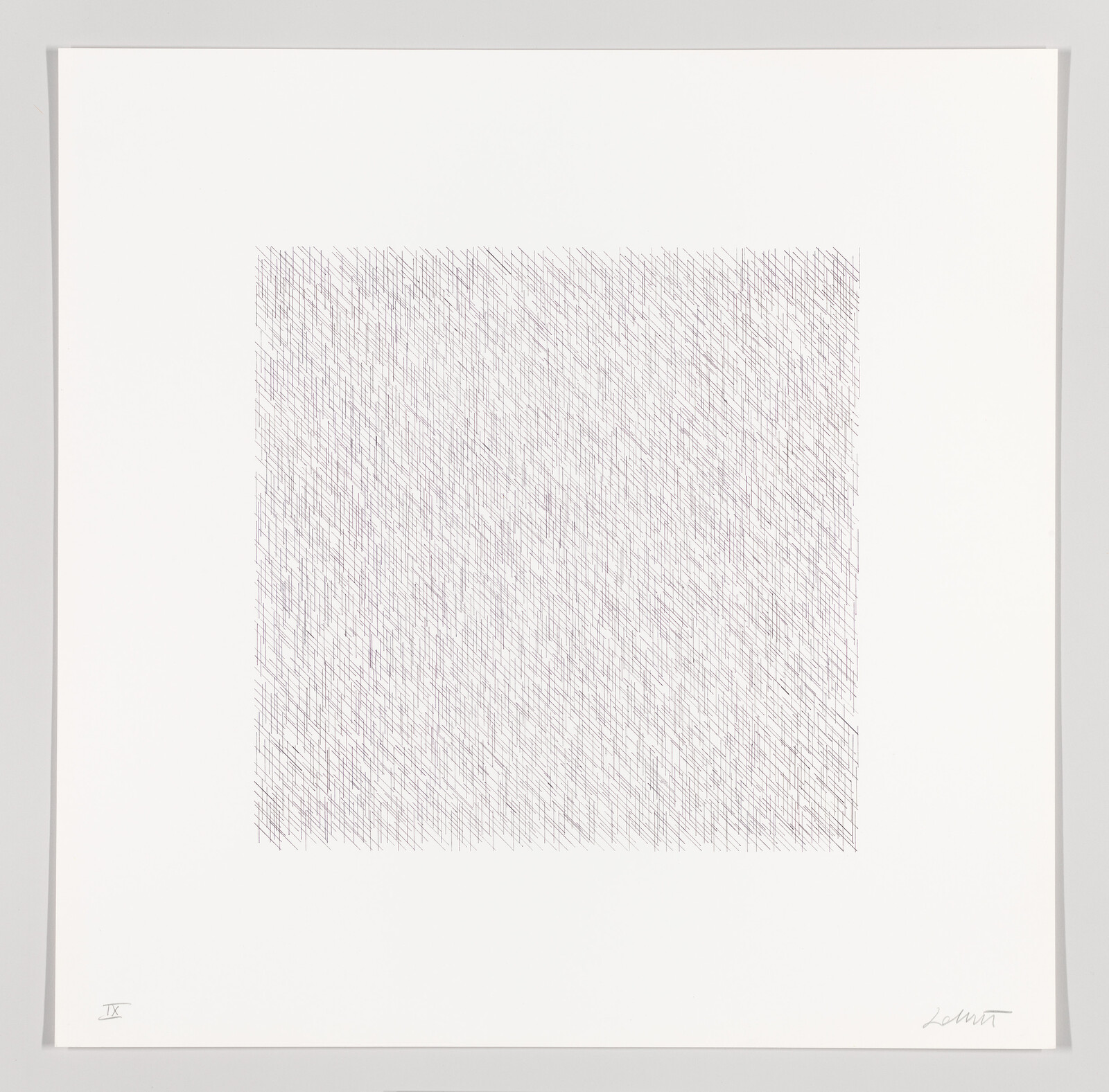 A framed artwork featuring a dense array of fine, diagonal lines creating a textured square in the center of a white background, with the artist's signature in the lower right corner and a marking on the lower left.