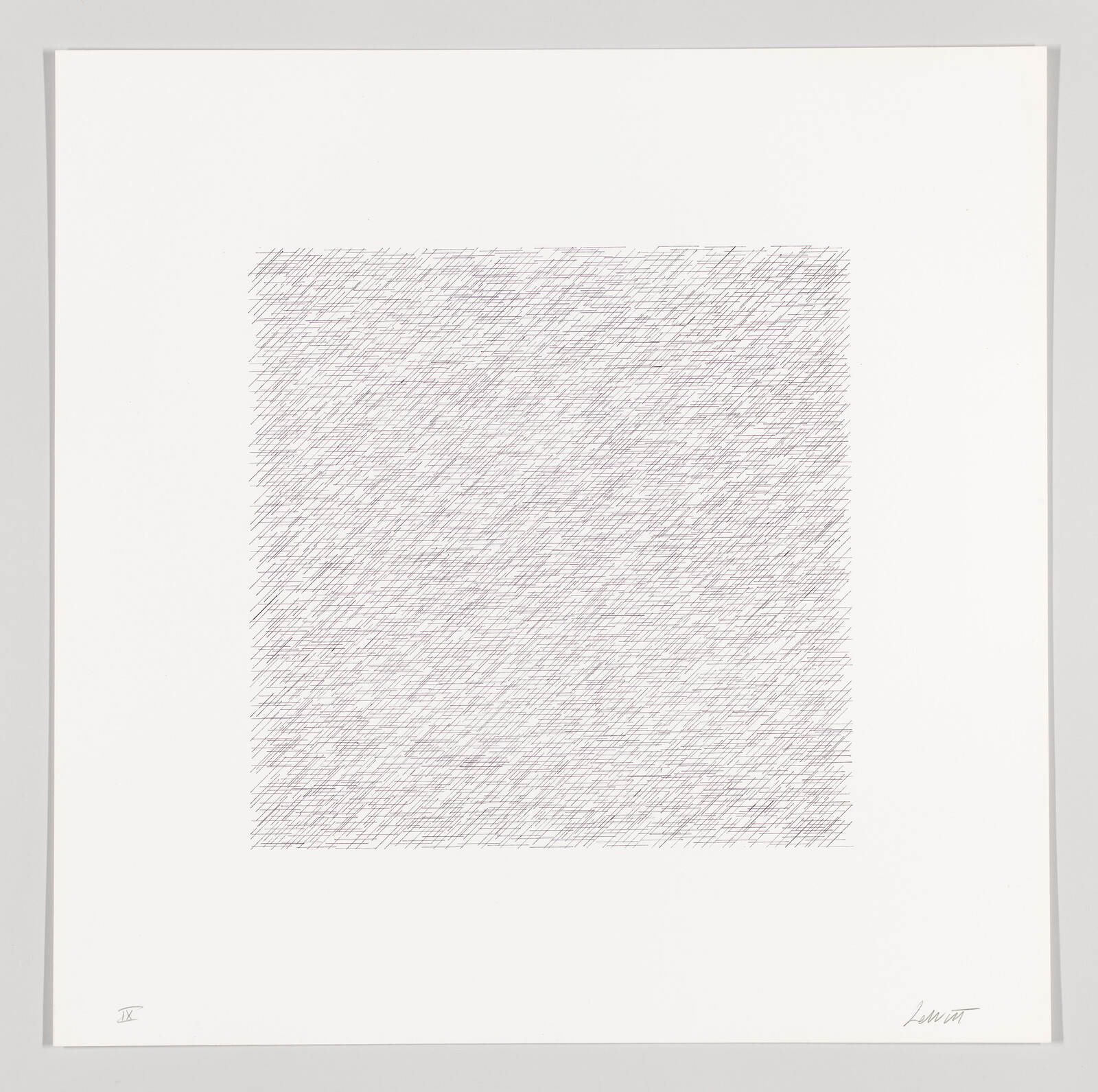 A minimalist artwork featuring a square filled with dense, hand-drawn diagonal lines, centered on a white background with the artist's signature at the bottom right corner.