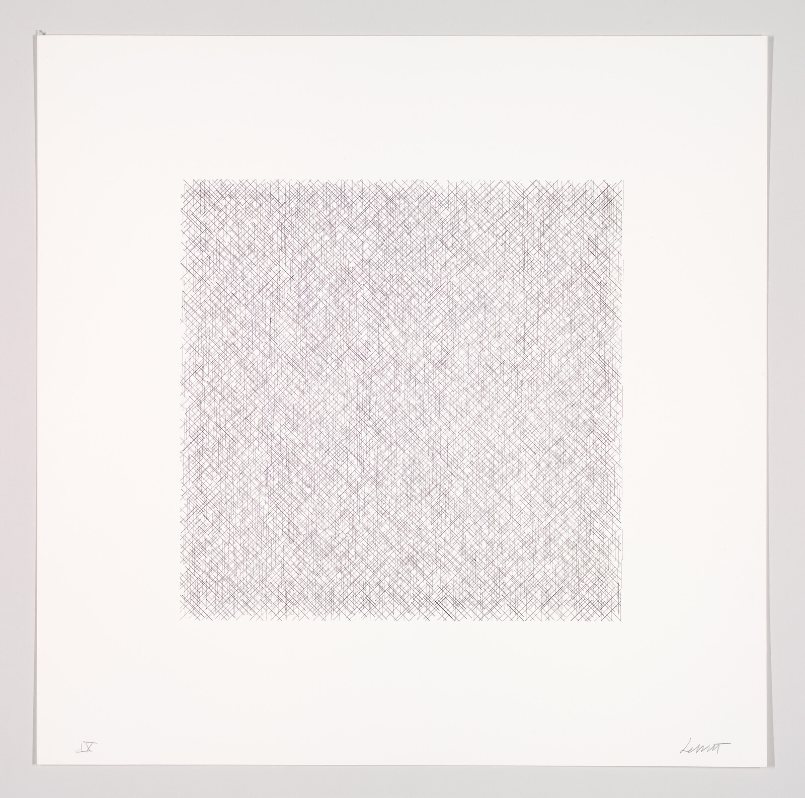 A white sheet with a dense square of small purple crisscrossing lines centered on the page.