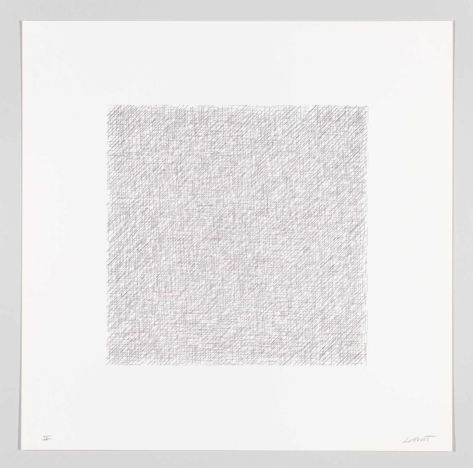 A large square of dense crosshatched pencil lines centered on a white sheet.